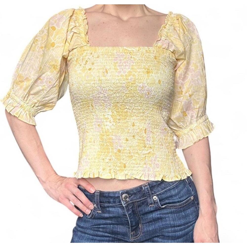 Billabong NWT Womens Yellow Floral Cotton Puff Shoulder Ruched Bodice Top Size L